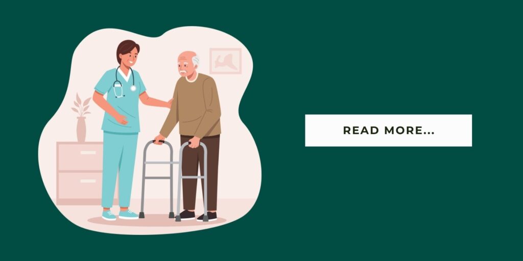Blog Header Illustration caregiver helping a senior with walker in respite care and it says 'read more'