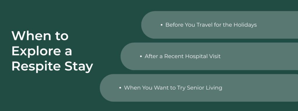 infographic that says ' When to Explore a Respite Stay, Before You Travel for the Holidays, After a Recent Hospital Visit, When You Want to Try Senior Living.'