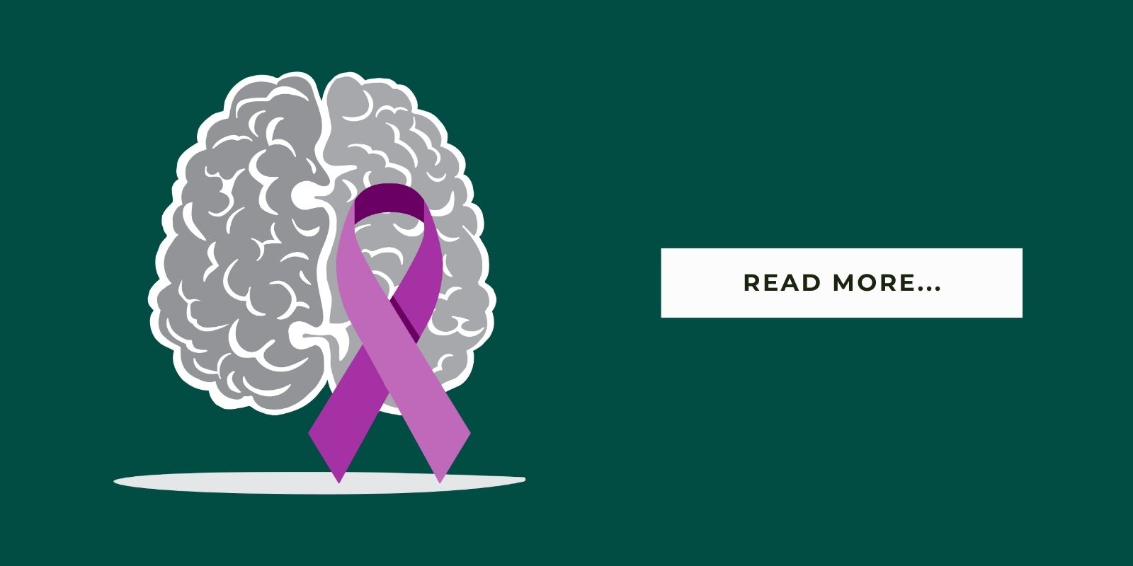 An illustration of a brain and a purple ribbon to represent Alzheimer's next to a text box that says, "Read More..."