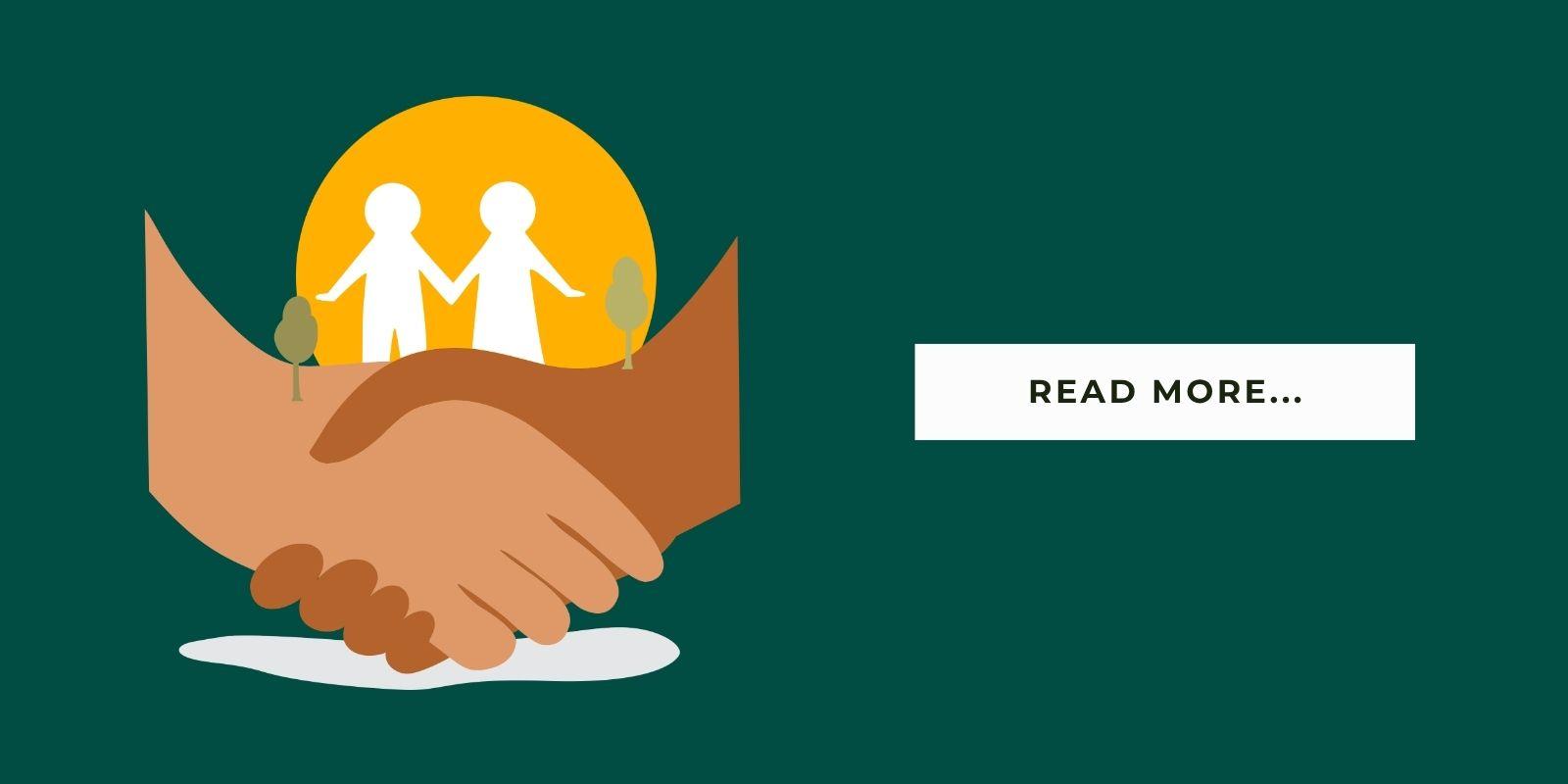 An illustration of people shaking hands with a button that says, "Read More..."