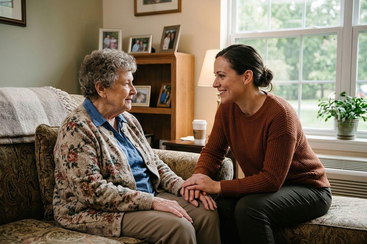 a senior sits on a couch being comforted by a young person