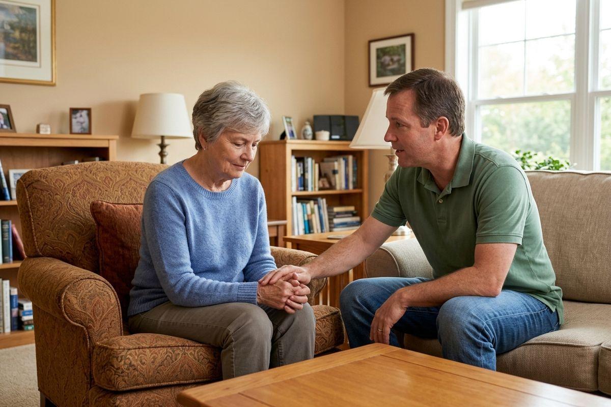 a senior sits on a couch being comforted by a young person