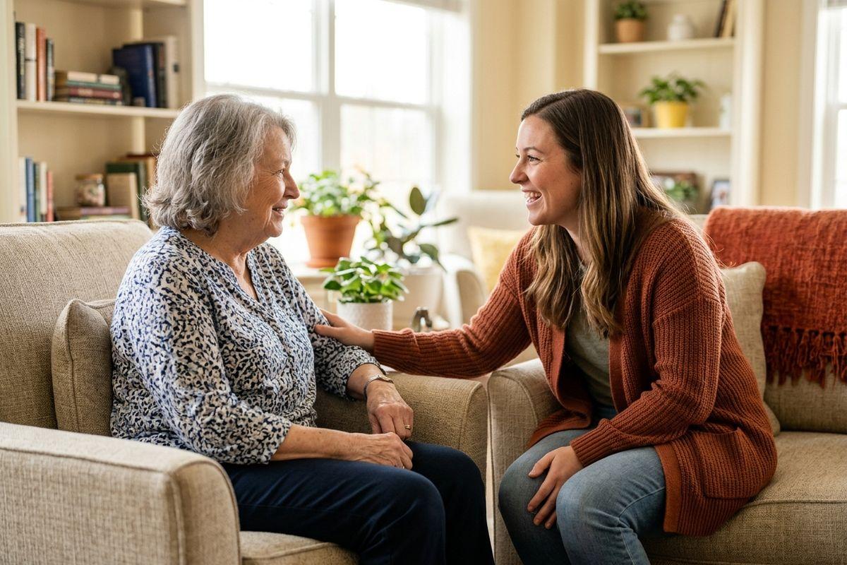 a senior and her daughter sit on a couch speaking