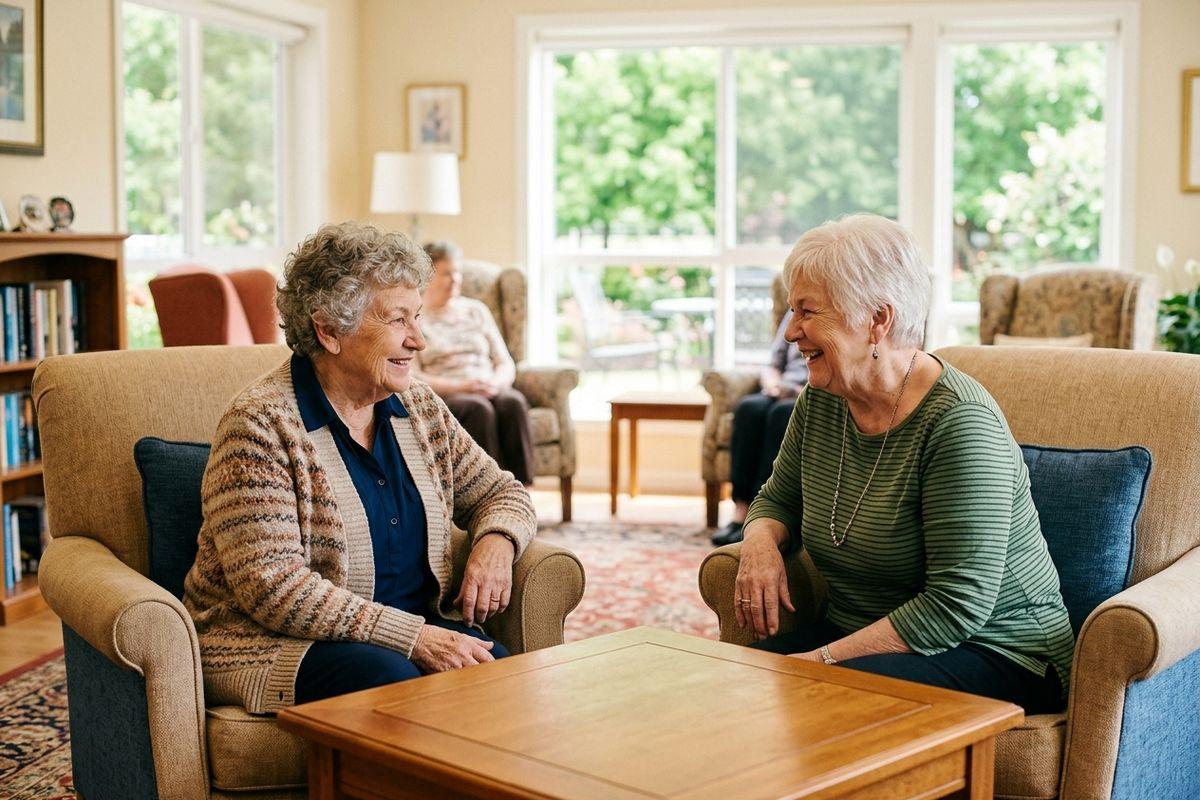 two seniors sit at a table speaking