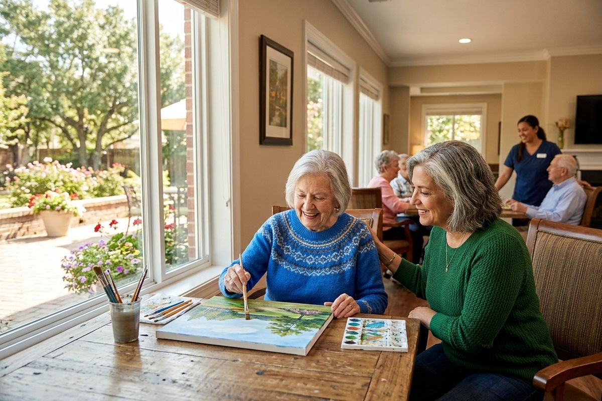 A senior enjoys painting in a bright space within a senior living community, with a visiting family member encouraging their creativity.