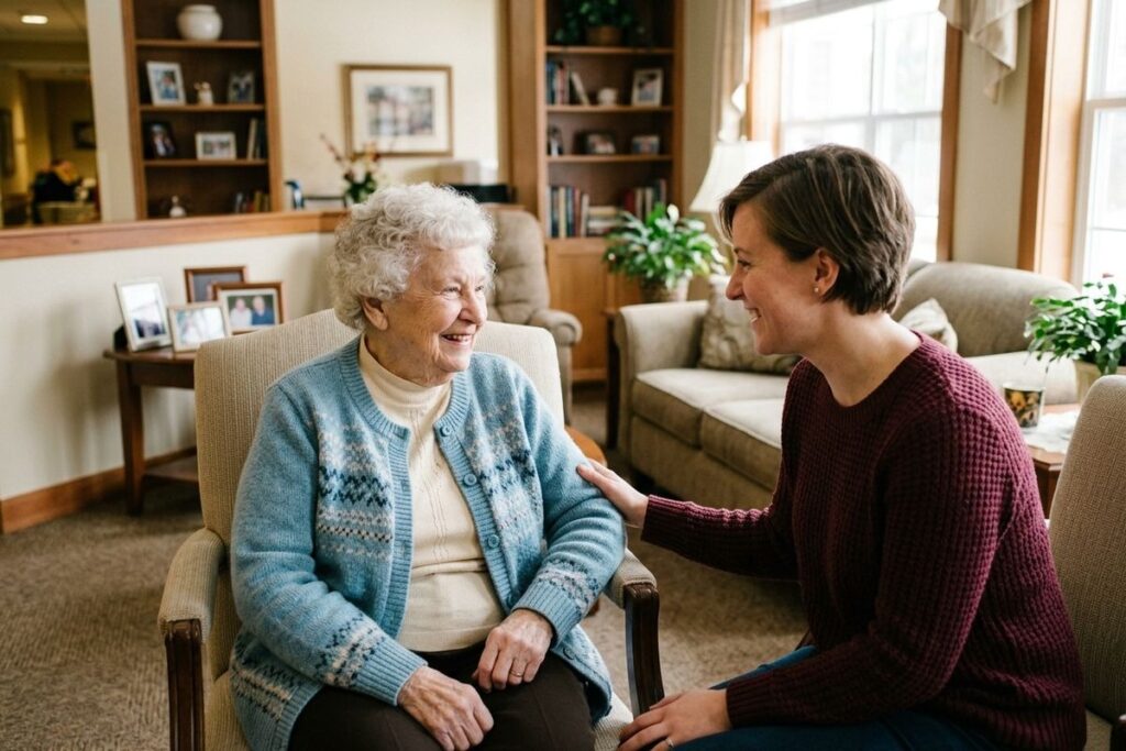 An older adult and their visiting loved one enjoy a moment of quiet together in a senior living community.