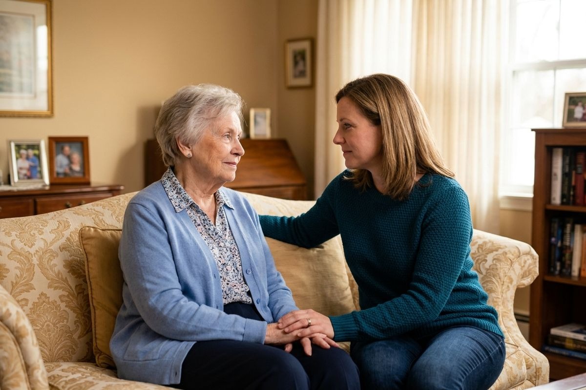 A family member talks with their senior parent about their concerns with their memory and the next steps to move into senior living.