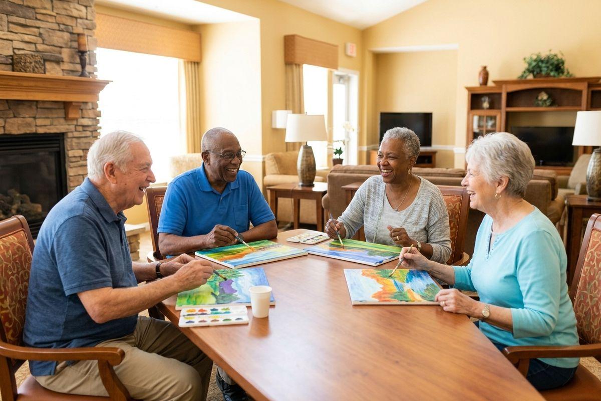 A group of friends in a senior living community spend the afternoon painting.
