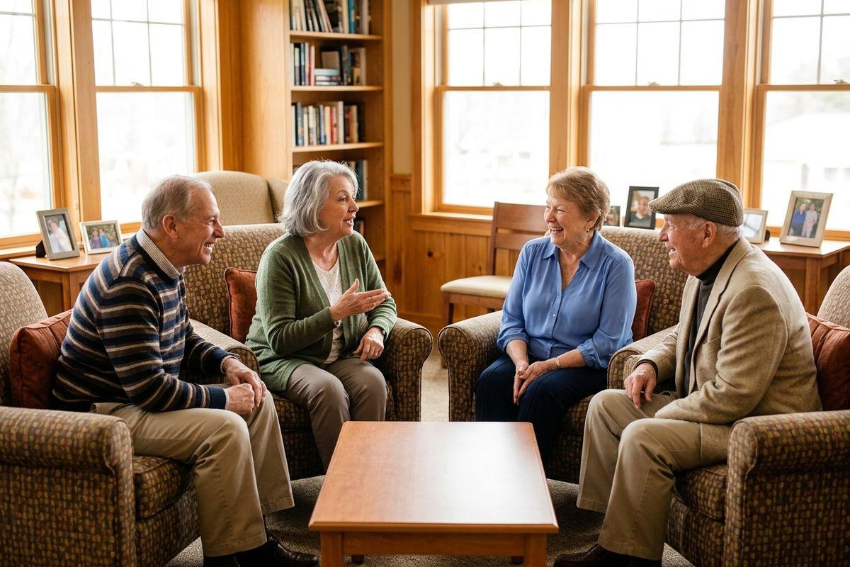 A group of older adults spend time together in their senior living common area.