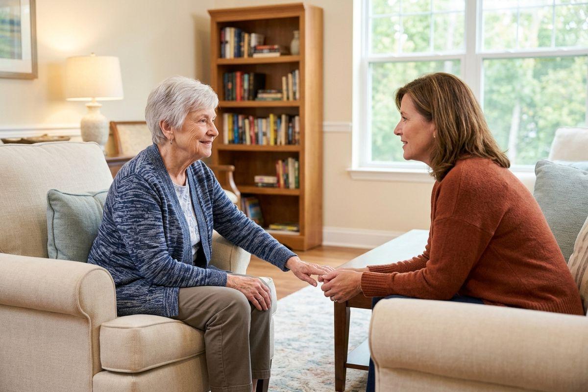An adult speaks with their parent about the options for assisted living and how they can afford it.