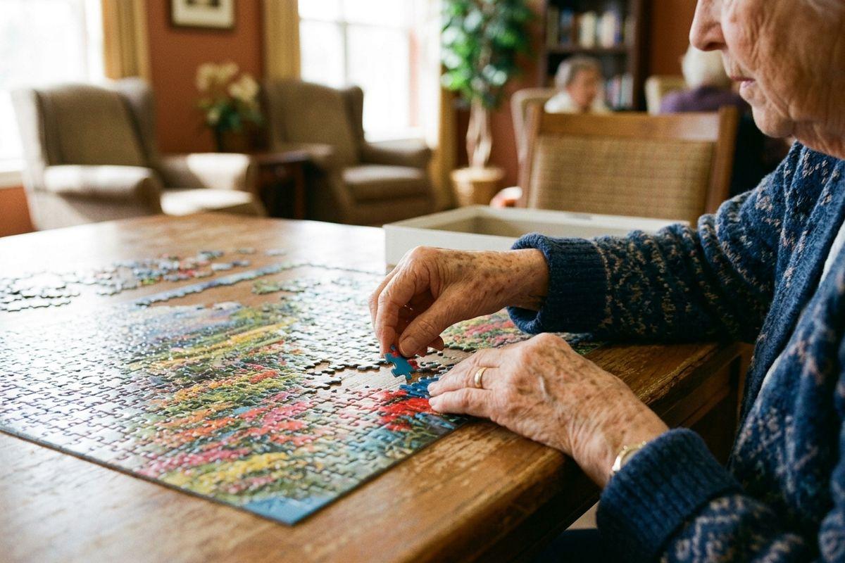 A senior in a blue knit sweater placing a piece into a colorful jigsaw puzzle on a wooden table in a common room.