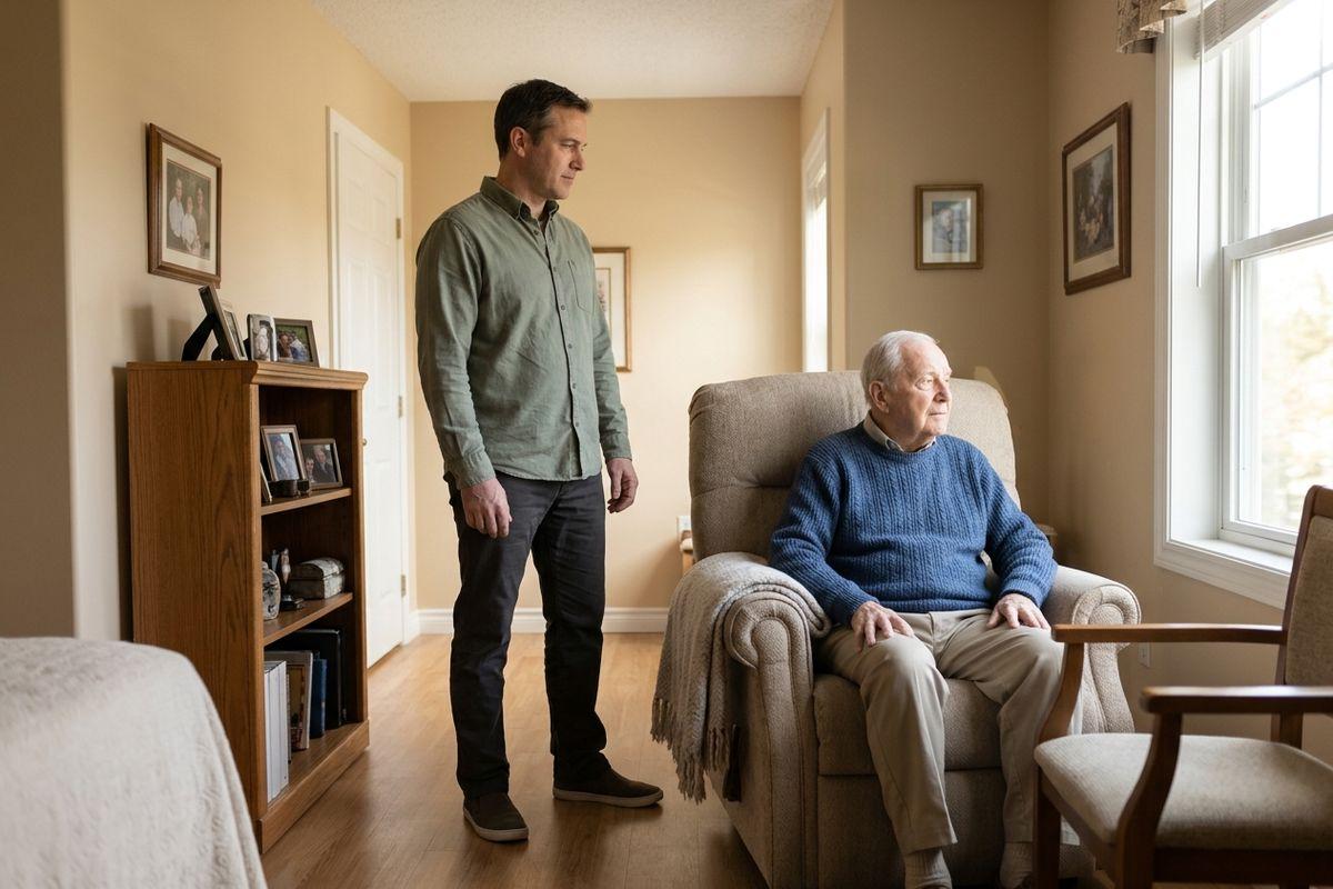 A senior sits in a recliner looking out a window while a younger man stands nearby in a living room with a bookshelf and framed photos.