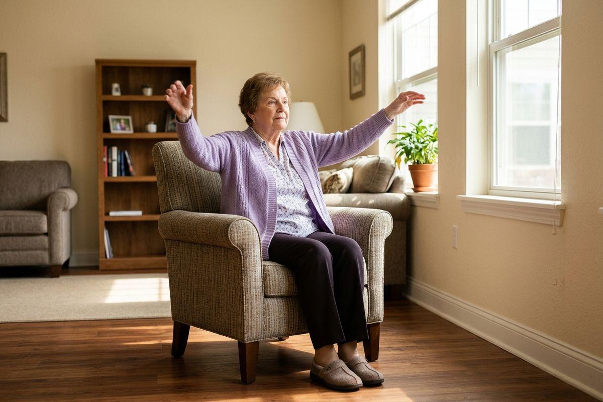 A senior sits in an armchair in a sunlit living room, raising both arms out to the sides during a seated stretch.