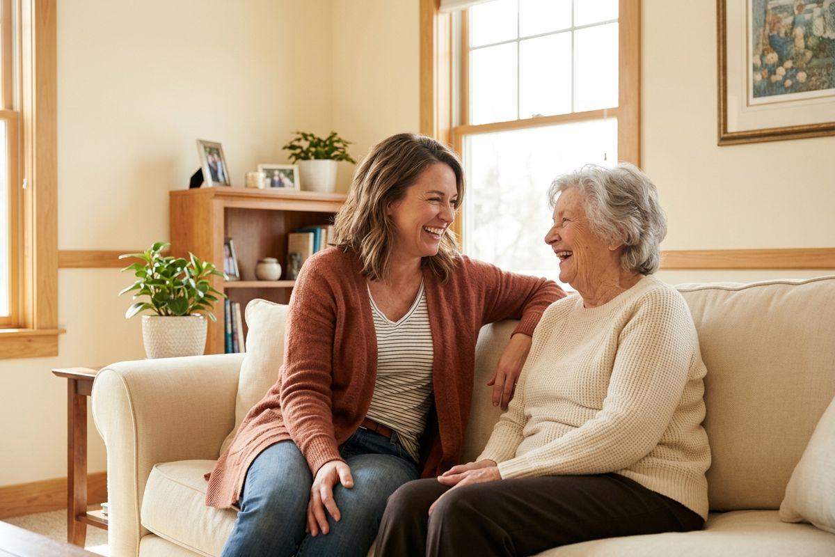A senior and a younger woman sit close together on a cream sofa in a sunlit living room, laughing and looking at each other, one older with white hair.