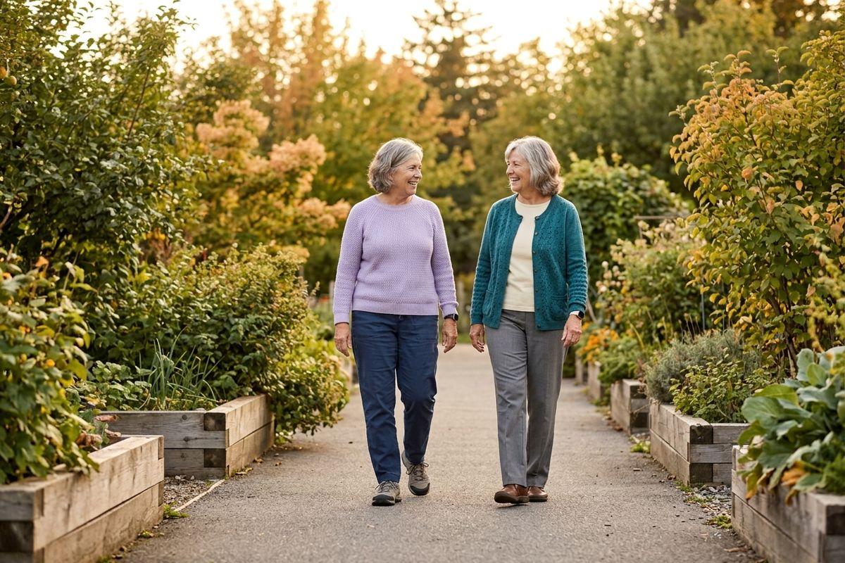 Two seniors walk side by side along a gravel path between raised garden beds, smiling at each other.