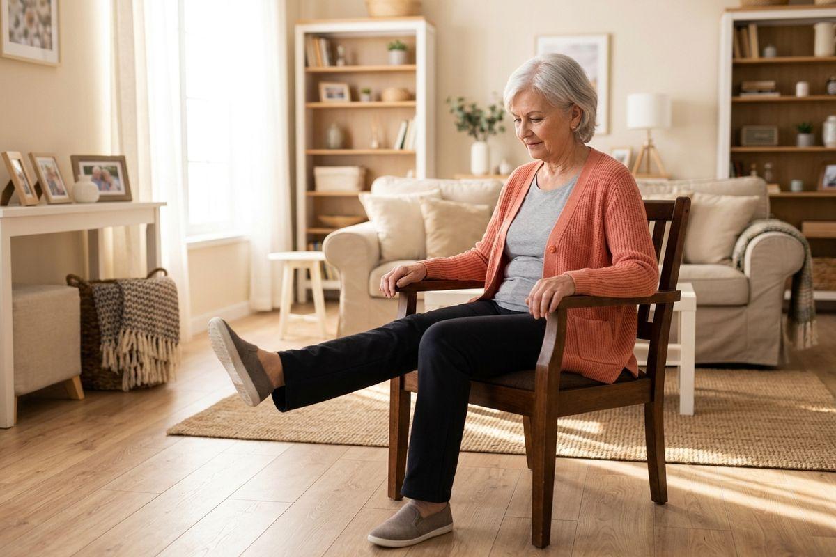 A senior sits in a wooden chair at home, extending one leg straight out in a seated exercise, looking down at the raised foot.