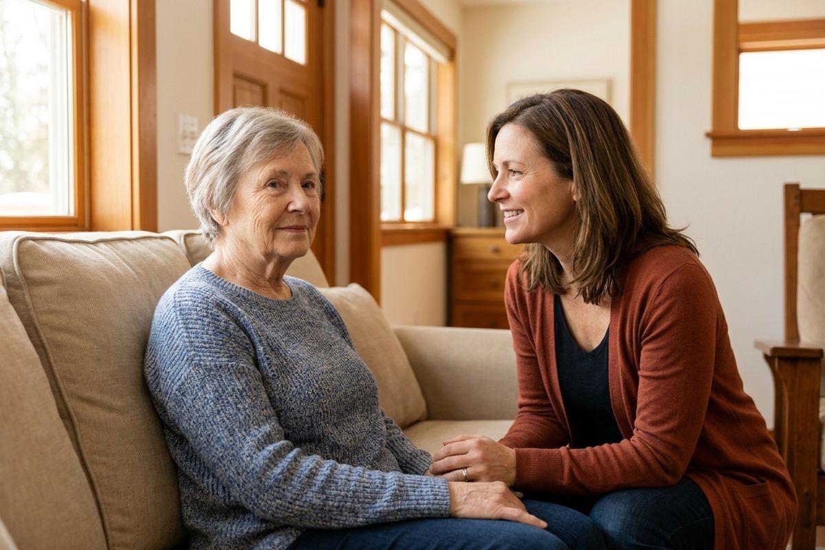 A senior sits on a living room sofa while a smiling younger adult leans in and holds their hand.