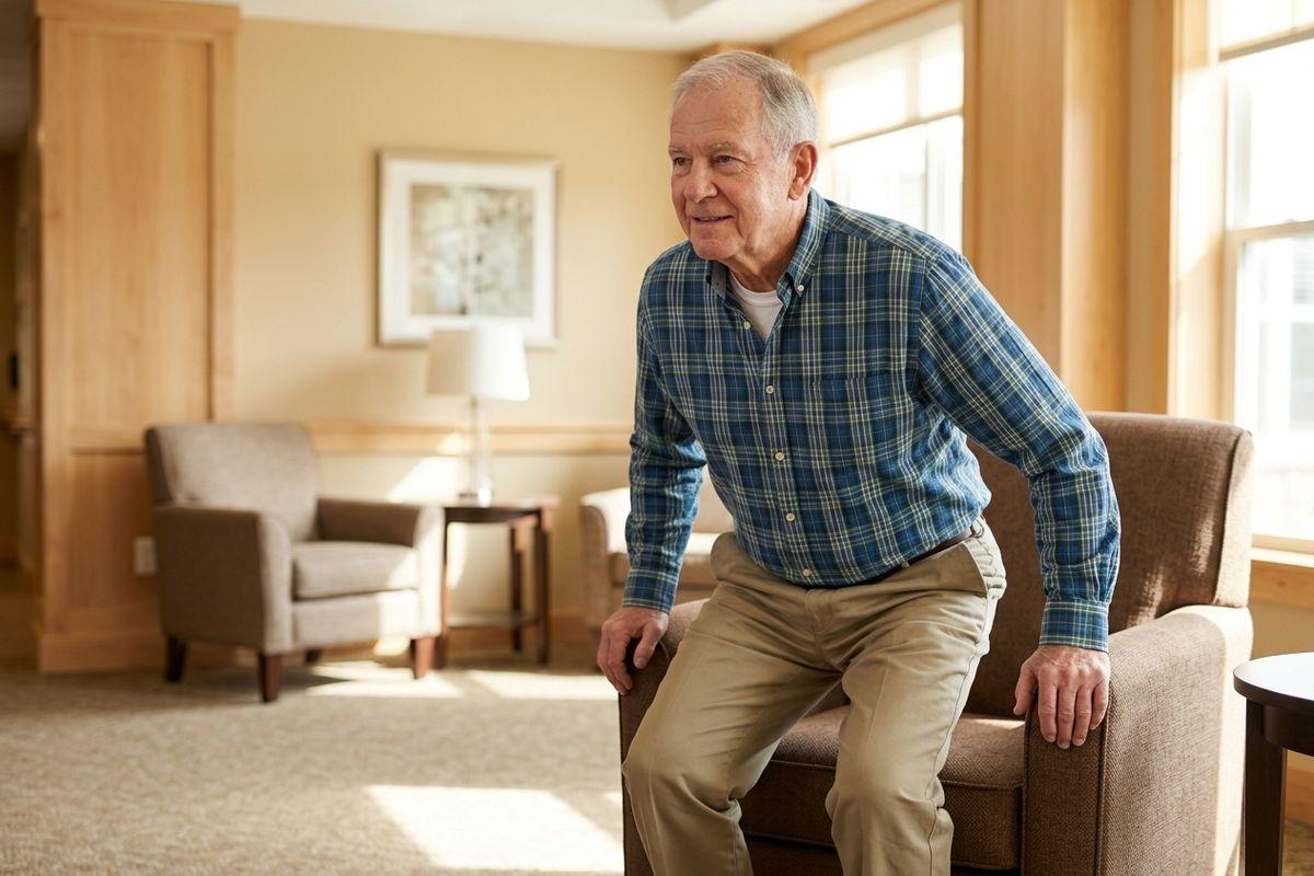 In a sunlit sitting room with carpet and armchairs, a senior in a plaid shirt pushes up from an armchair to stand.